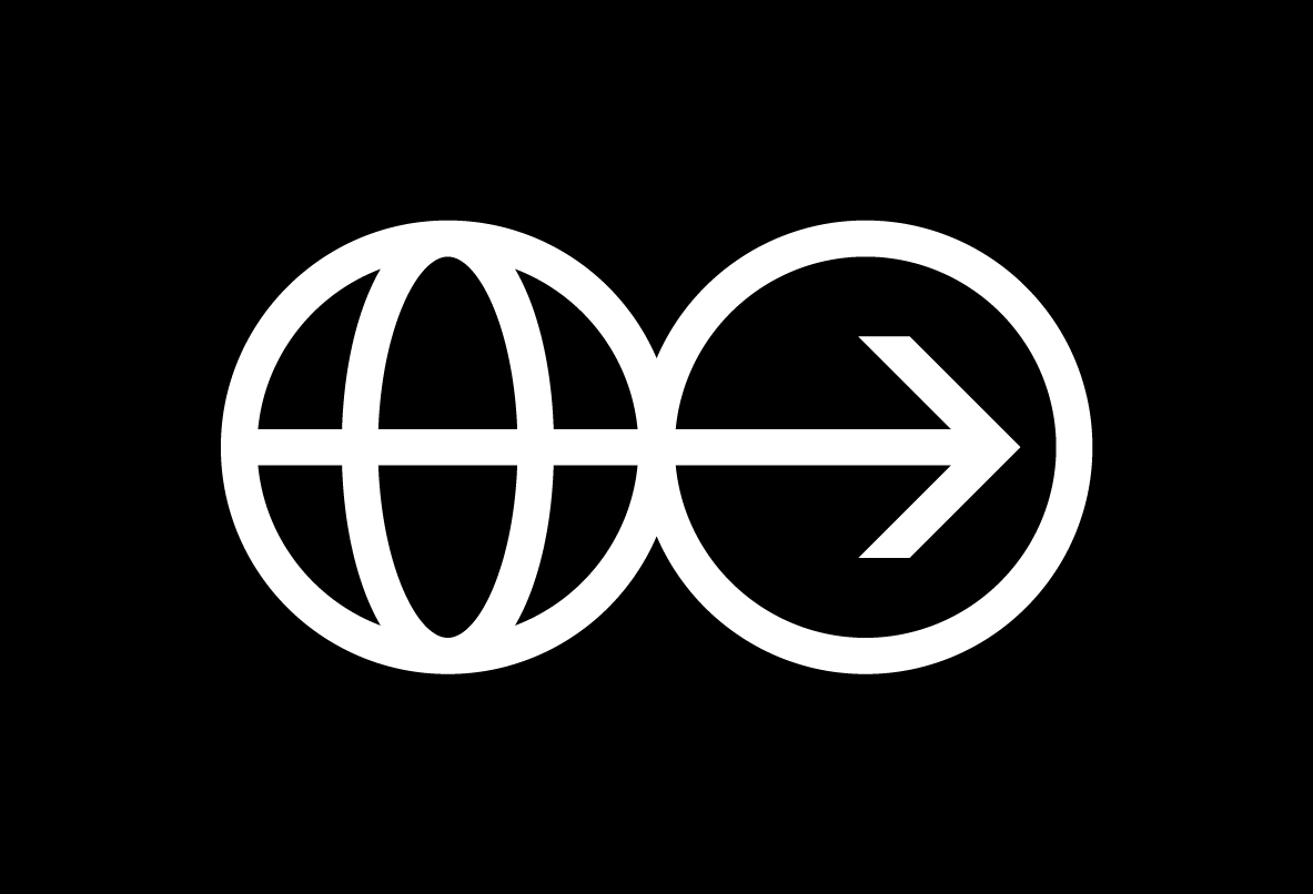 a white circle with a globe and an arrow