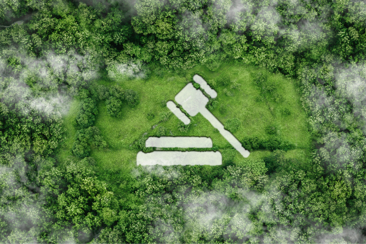a grass field with a gavel in the middle