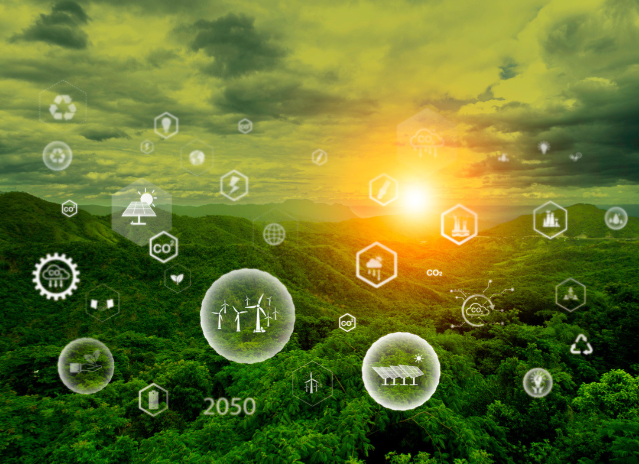 a green hills with many icons