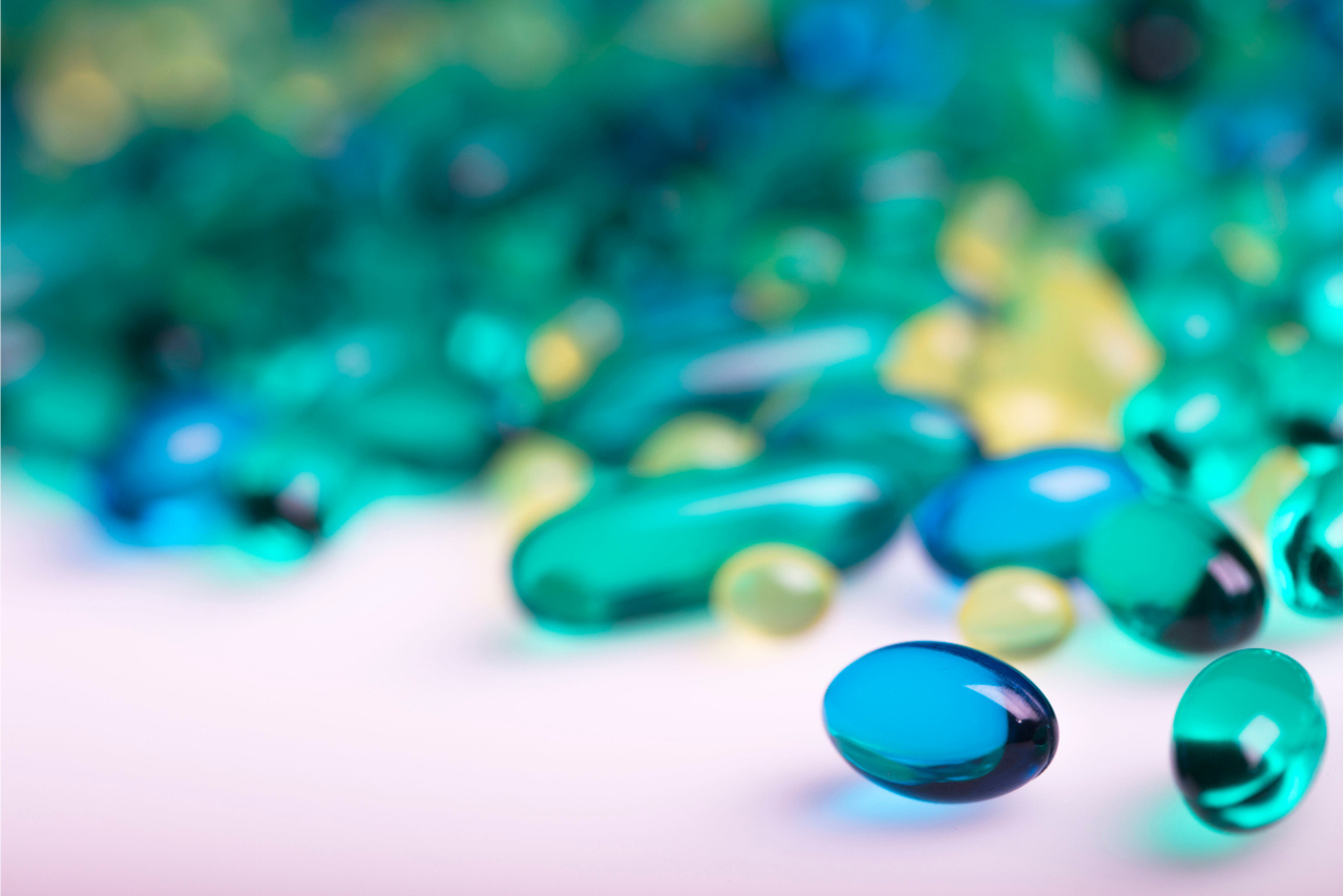 a blue and yellow pills