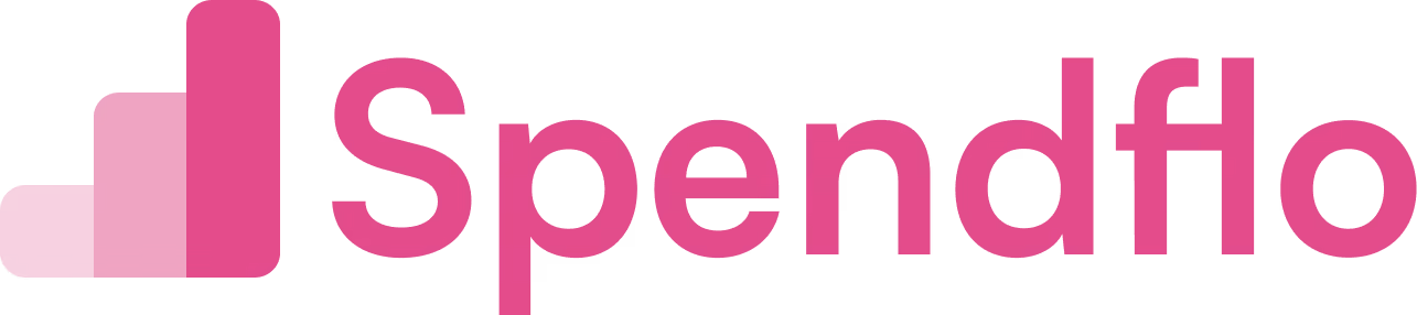 Pink logo with stacked block icon followed by the text Spendflo.