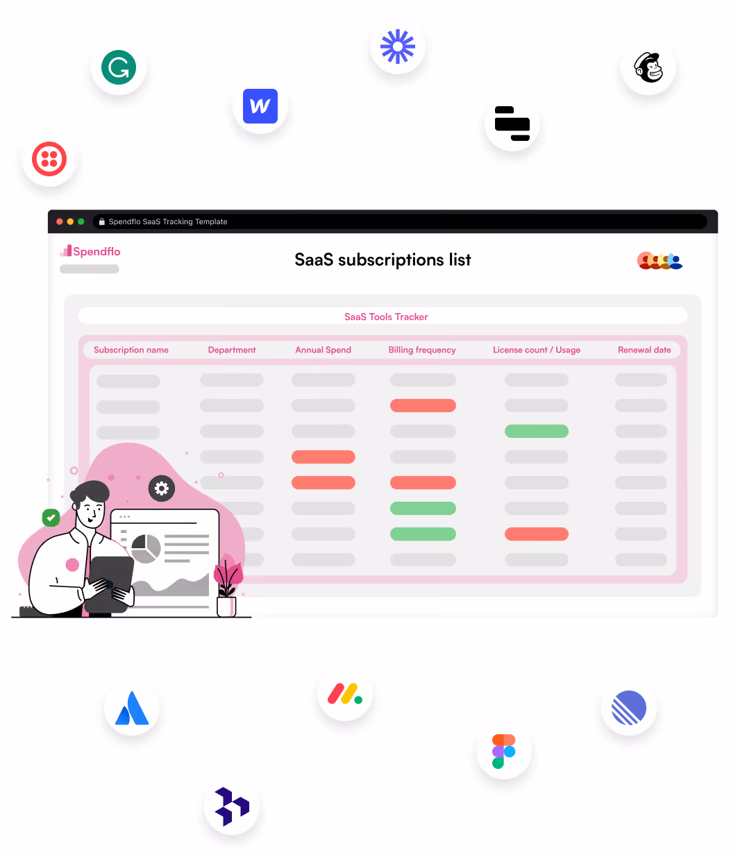 Illustration of a SaaS subscriptions list dashboard with logos of popular SaaS tools around it.