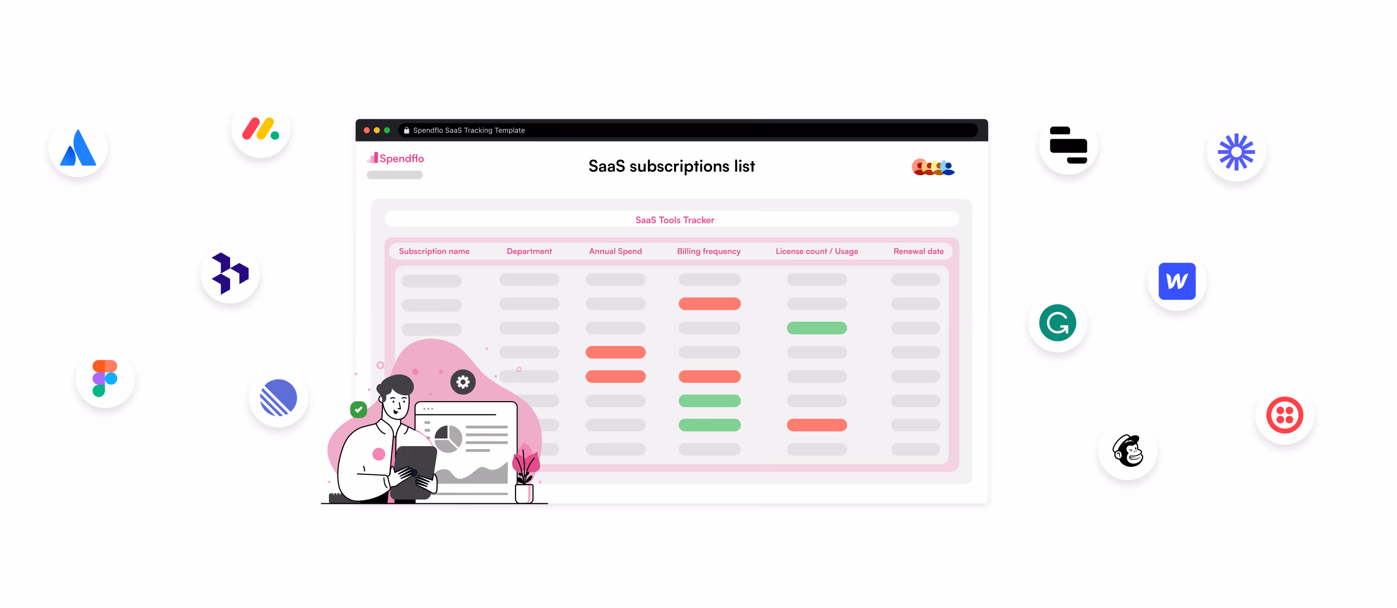 Illustration of a man with a tablet in front of a SaaS subscriptions tracker screen surrounded by software logos.