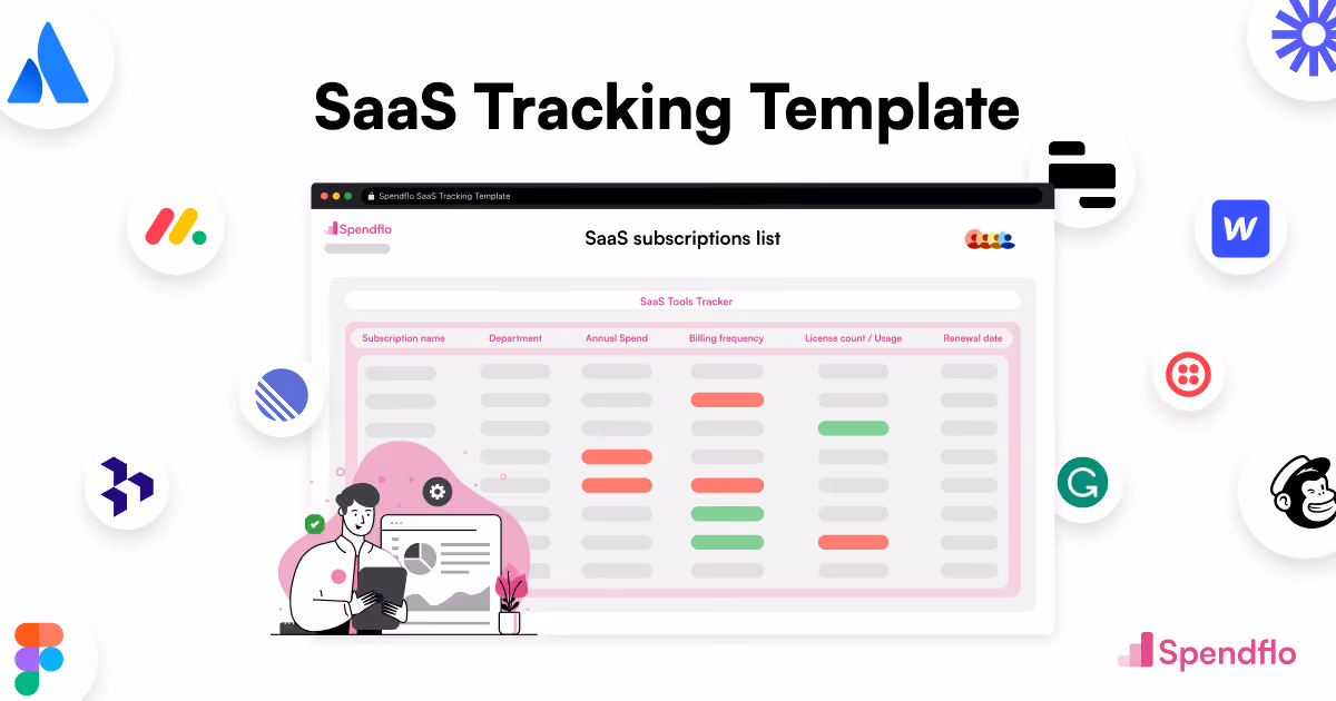Dashboard of SaaS tracking template with subscription list and colorful usage and billing indicators.