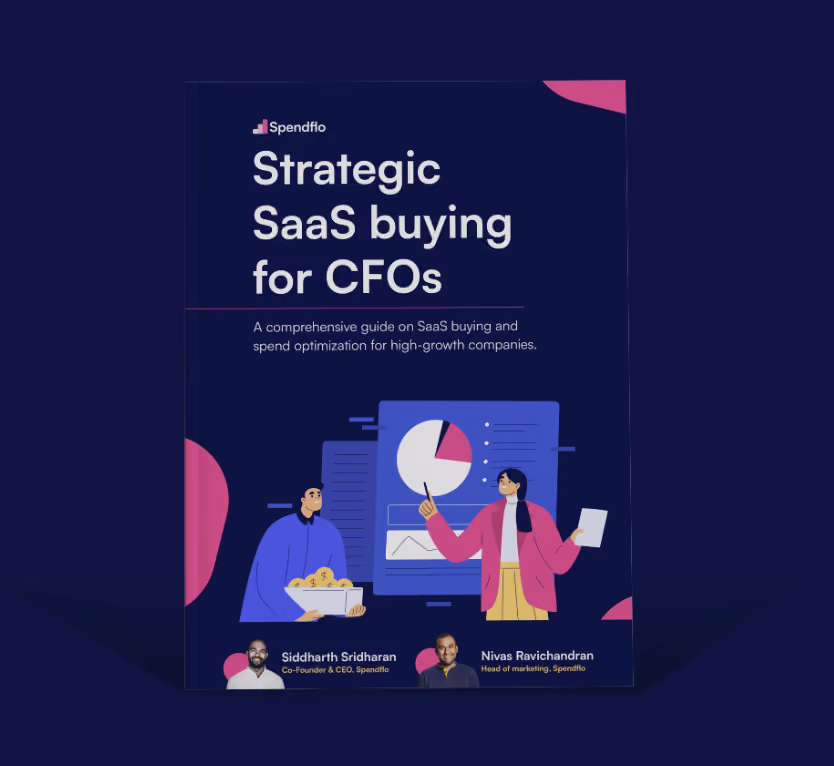 Cover for Spendflo's guide titled Strategic SaaS buying for CFOs with two illustrated people and pie chart.