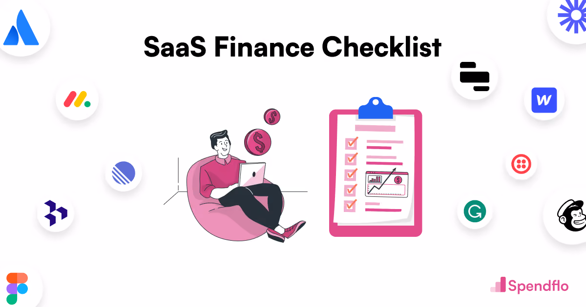 Illustration of a man with laptop and checklist titled SaaS Finance Checklist surrounded by software logos
