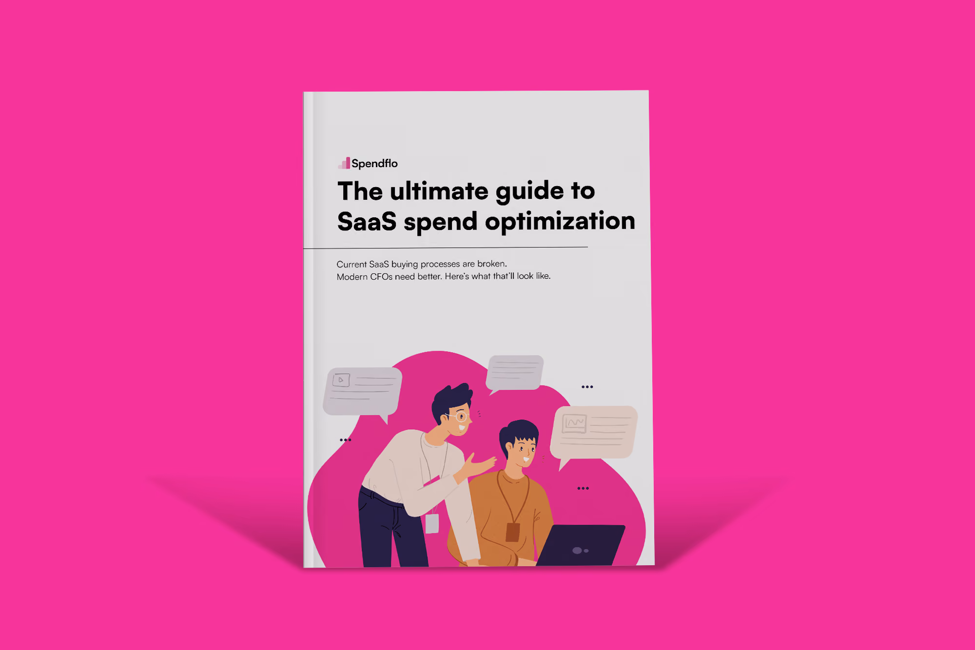 Book cover titled 'The ultimate guide to SaaS spend optimization' with two people discussing at a laptop.