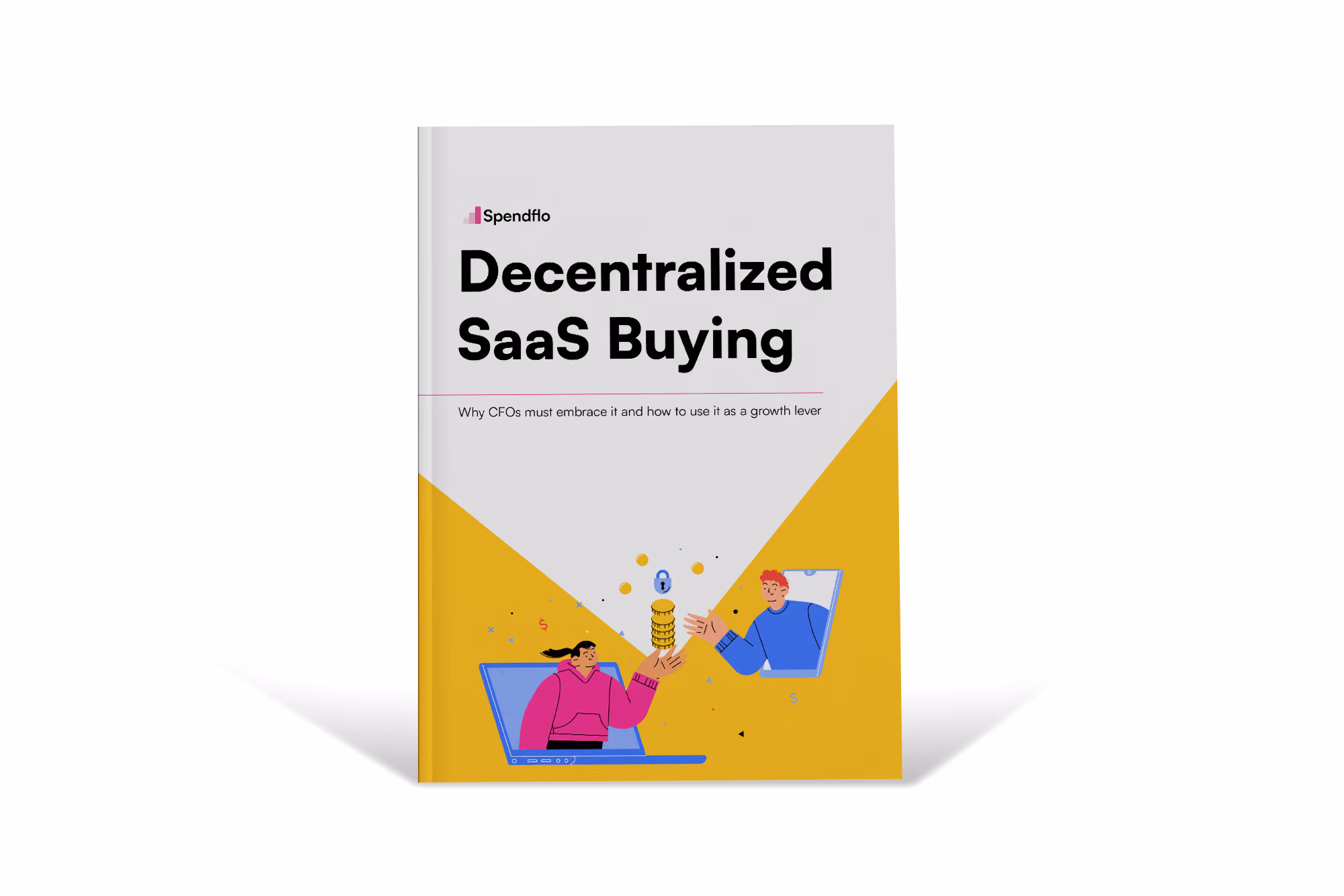 Book cover titled Decentralized SaaS Buying by Spendflo with an illustration of two people exchanging coins online.