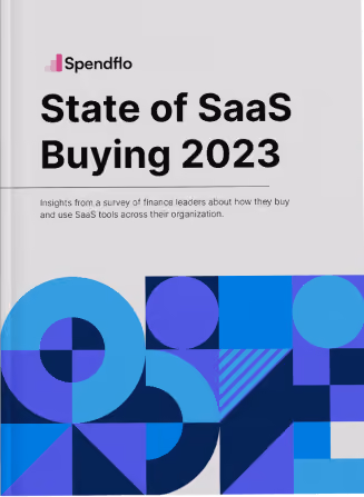 Cover of Spendflo report titled State of SaaS Buying 2023 with blue geometric shapes below the text.