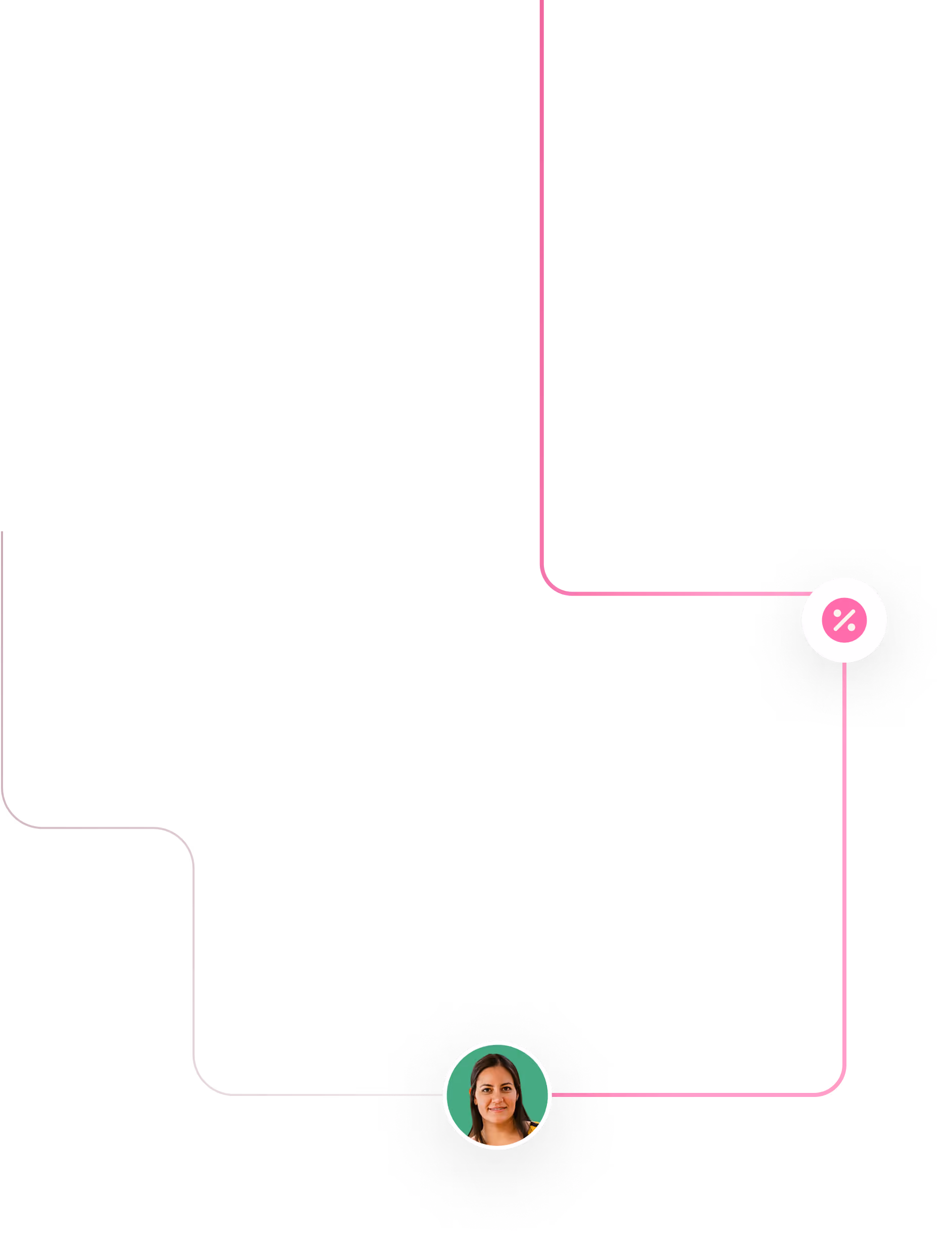 Profile photo of a smiling woman connected by pink lines to an icon with a percentage symbol.