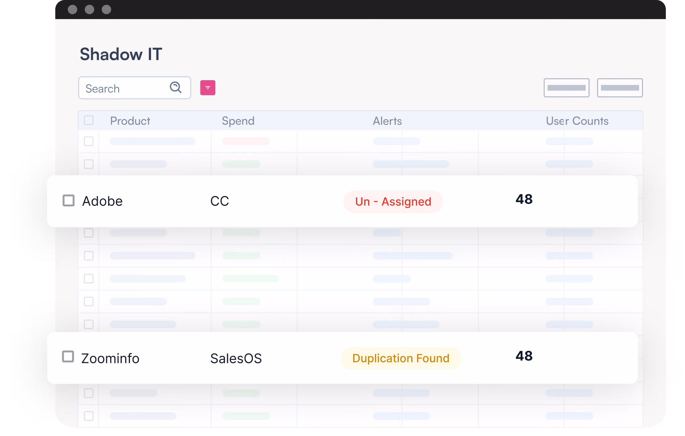 Table showing Shadow IT products Adobe CC and Zoominfo SalesOS with alert statuses and user counts.