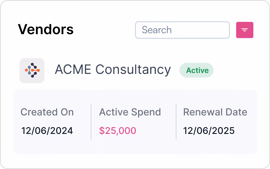 Vendor ACME Consultancy marked active with spend $25,000 created on 12/06/2024, renewal 12/06/2025.
