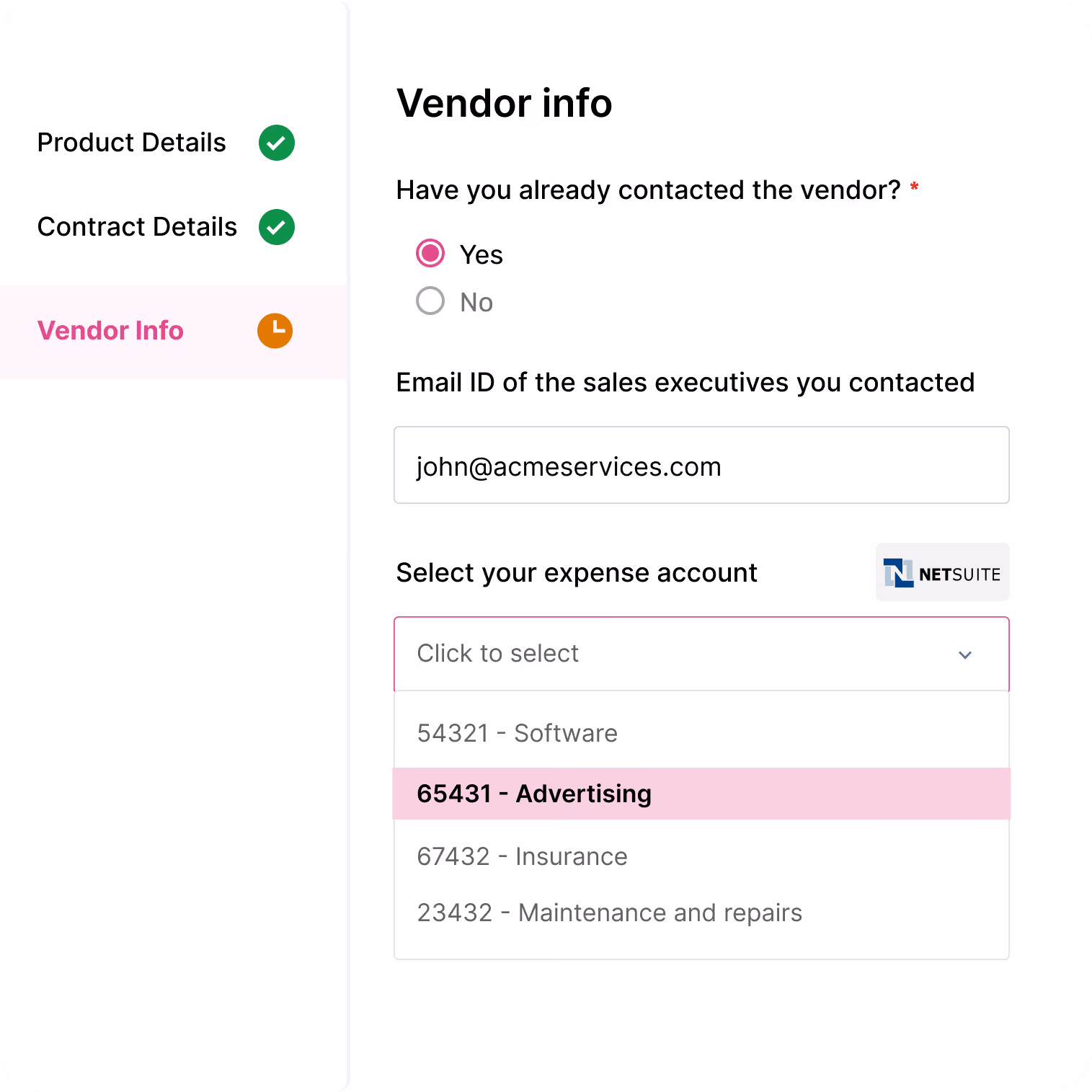 Form with vendor info including contact confirmation, sales email, and expense account selection highlighting advertising.