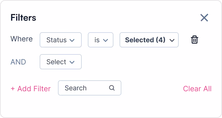 User interface showing filters with status set to Selected (4), options to add or clear filters, and search box.
