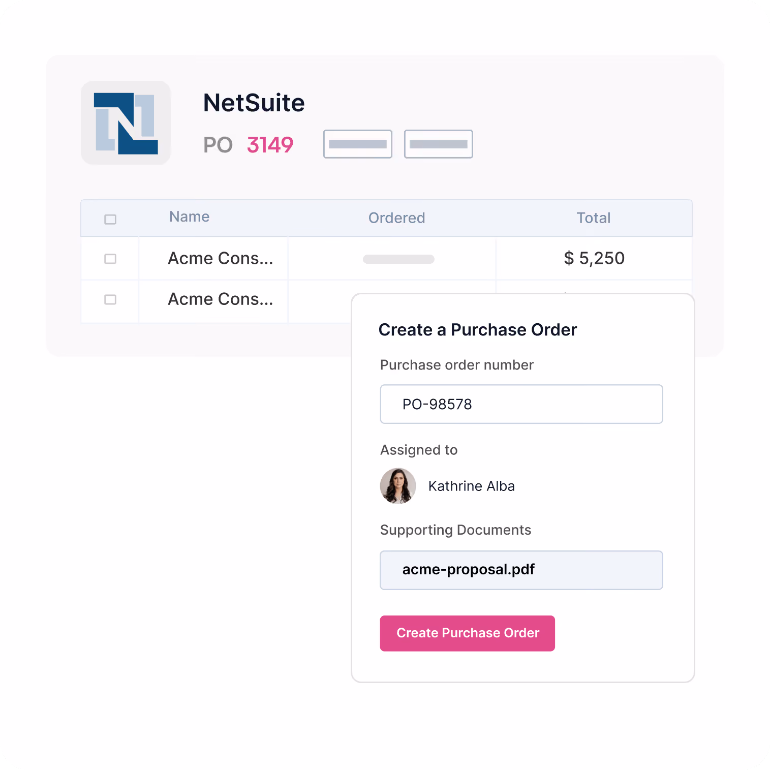 NetSuite purchase order screen showing PO 3149 with order details and form to create PO 98578 assigned to Kathrine Alba.