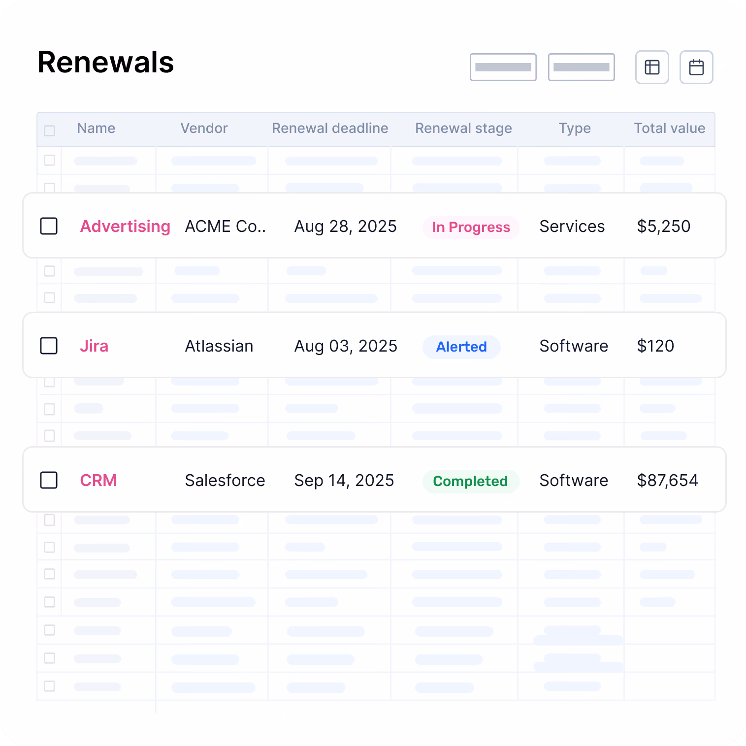 Table showing renewals with names, vendors, deadlines, stages, types, and values including Advertising, Jira, and CRM.