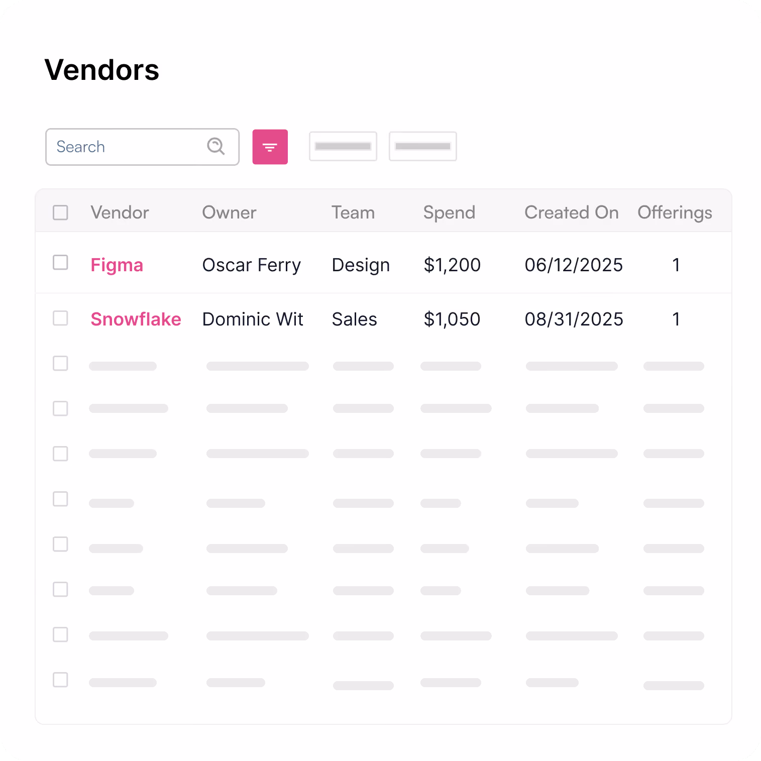 Table listing vendors Figma and Snowflake with owners, teams, spend, creation dates, and offerings count.