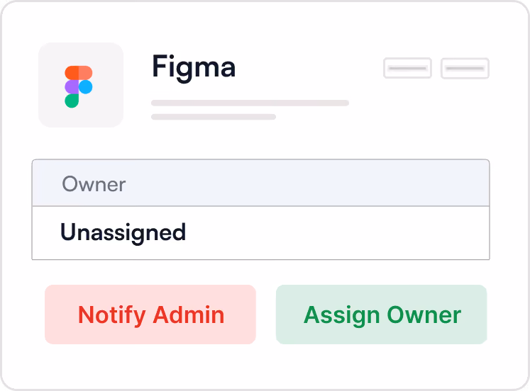 Figma app card showing owner status as unassigned with buttons to notify admin or assign owner.