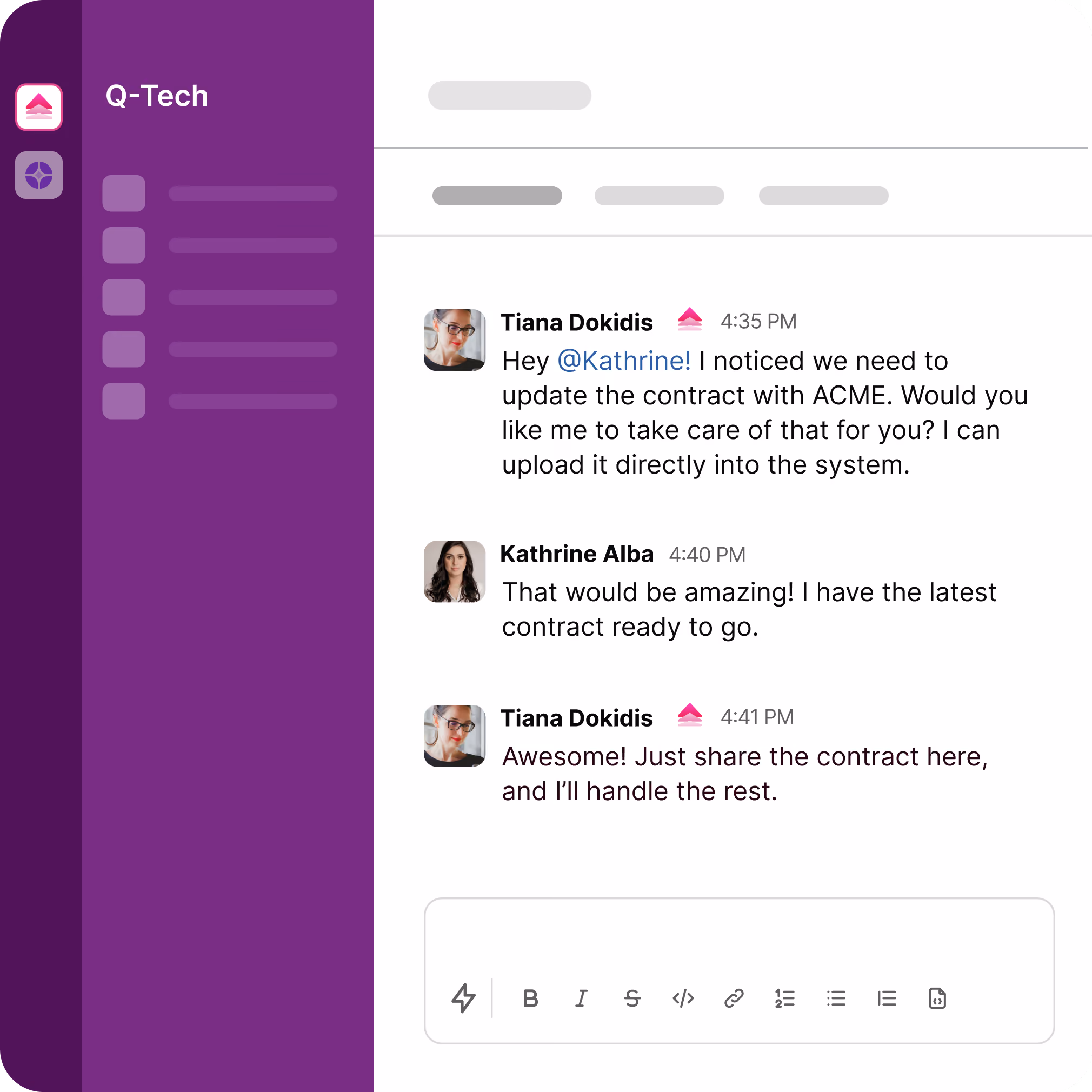 Chat conversation between Tiana and Kathrine about updating and sharing a contract for ACME in a messaging app.