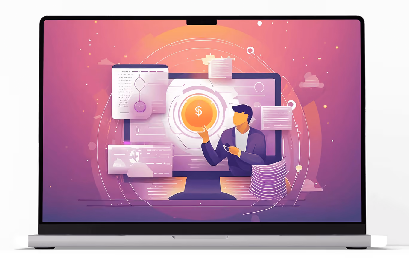 Laptop screen showing a man pointing at a dollar symbol surrounded by floating digital documents.