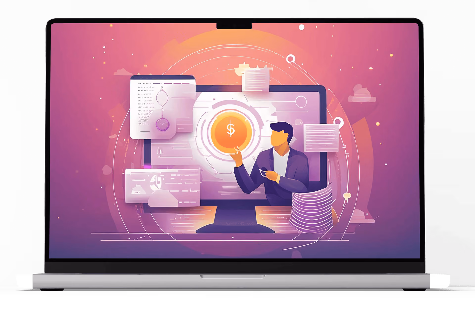 Laptop screen showing a man pointing at a dollar symbol surrounded by floating digital documents.