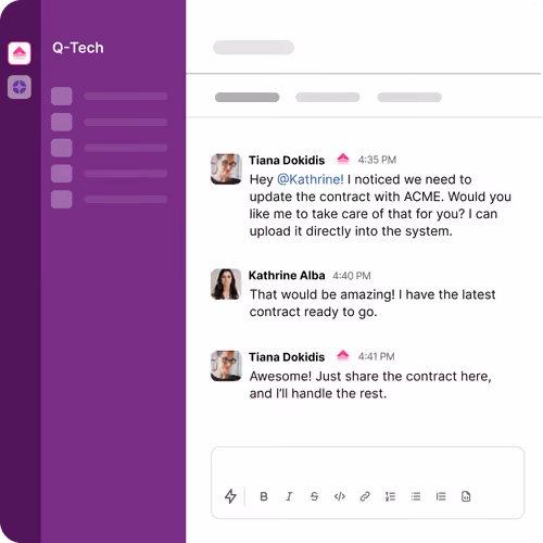 Chat interface showing a conversation about updating a contract between Tiana Dokidis and Kathrine Alba.