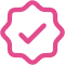 Gray shield with a pink checkmark symbol inside.