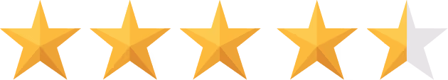 Four and a half gold stars rating with one star half full and the rest full stars.
