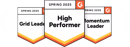 Three G2 badges for Spring 2025: Grid Leader, High Performer, Momentum Leader.