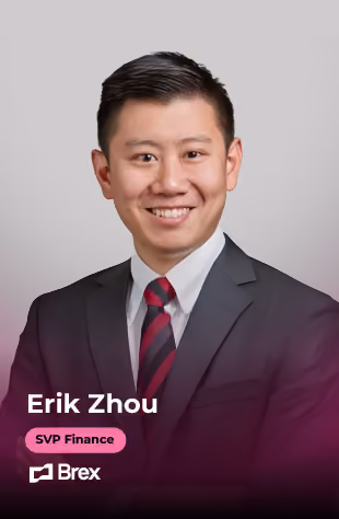 Portrait of Erik Zhou in suit and tie, labeled SVP Finance at Brex.