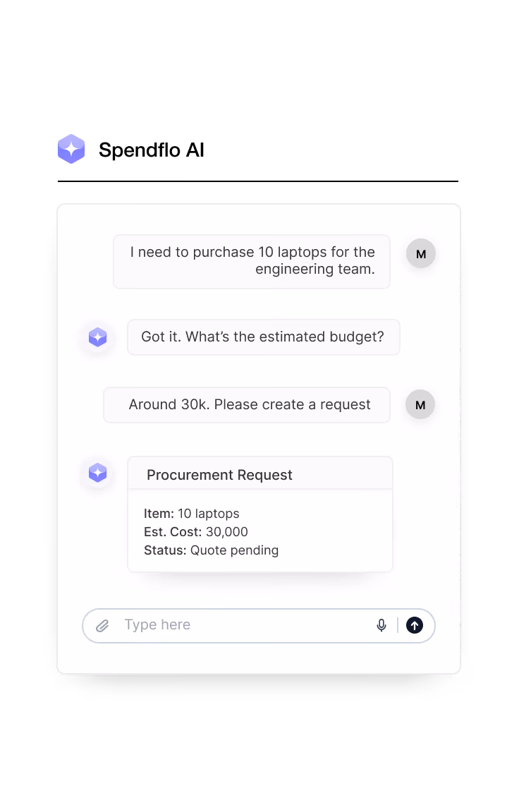Chat shows a request to buy 10 laptops for engineering with an estimated cost of $30,000 and quote pending.