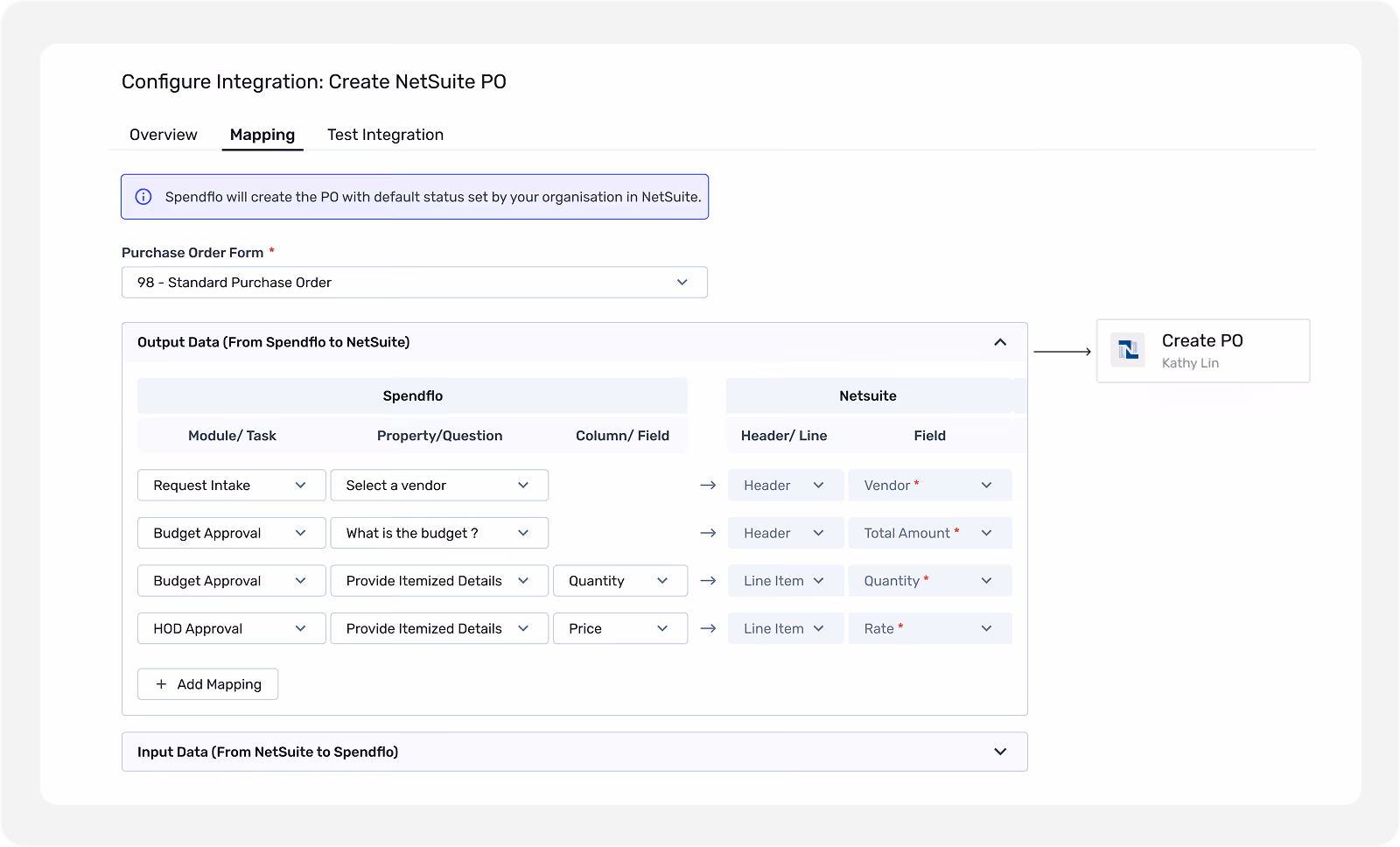 User interface for configuring NetSuite PO integration with mapping from Spendflo fields to NetSuite fields.