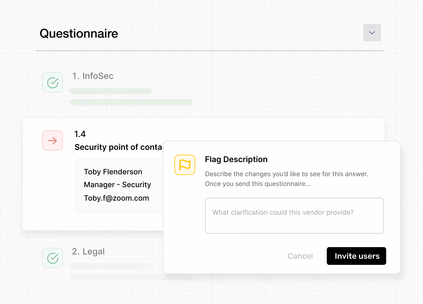 Questionnaire screen showing security contact info and a pop-up to flag changes with an invite button.