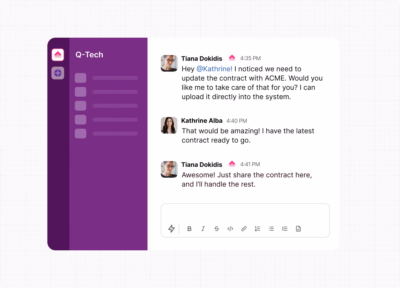 Chat interface from Q-Tech showing a conversation about updating and sharing a contract file.