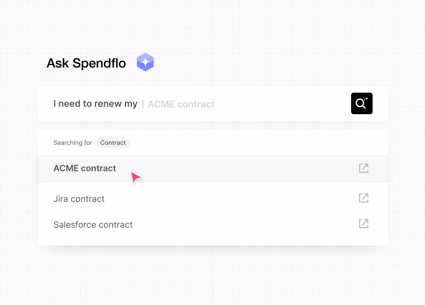 Search interface showing query for renewing ACME contract with results for contract options.