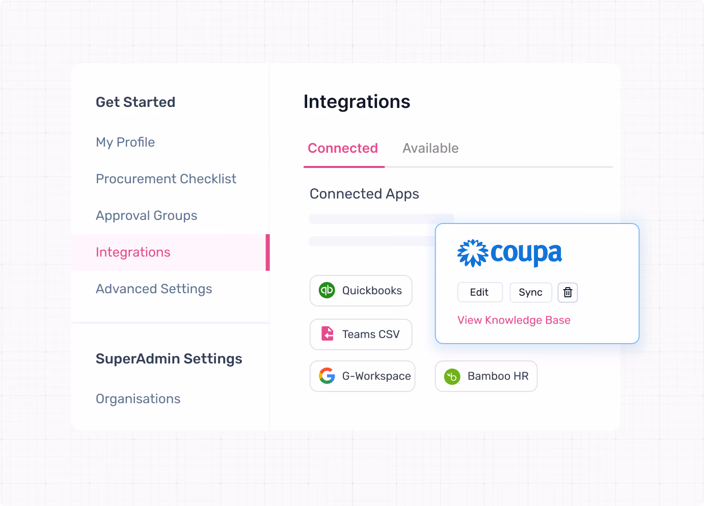 Software integration settings showing connected apps Quickbooks, Teams CSV, G-Workspace, Bamboo HR, and Coupa.