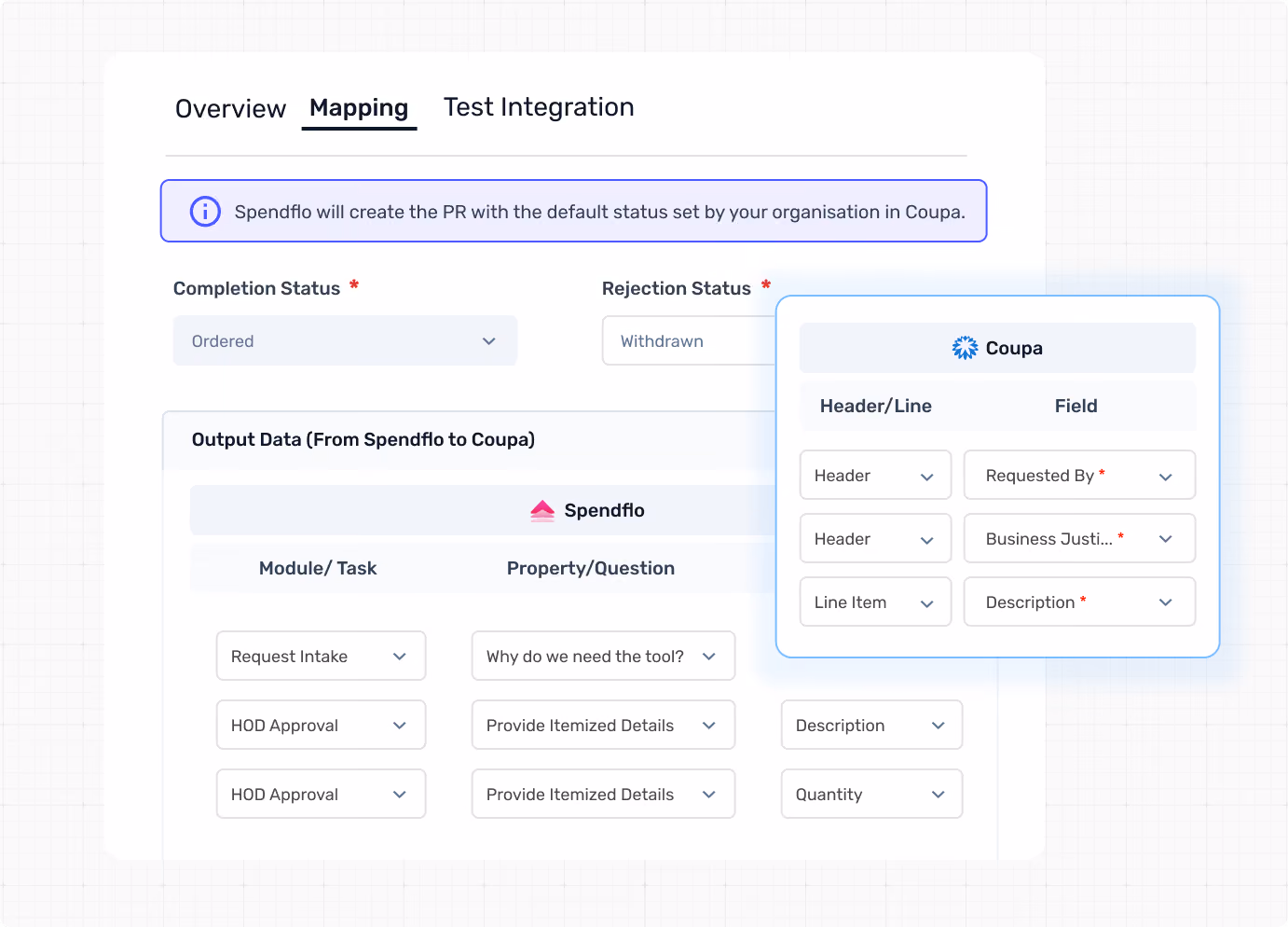 Interface for mapping data fields between Spendflo and Coupa with status and module mappings.
