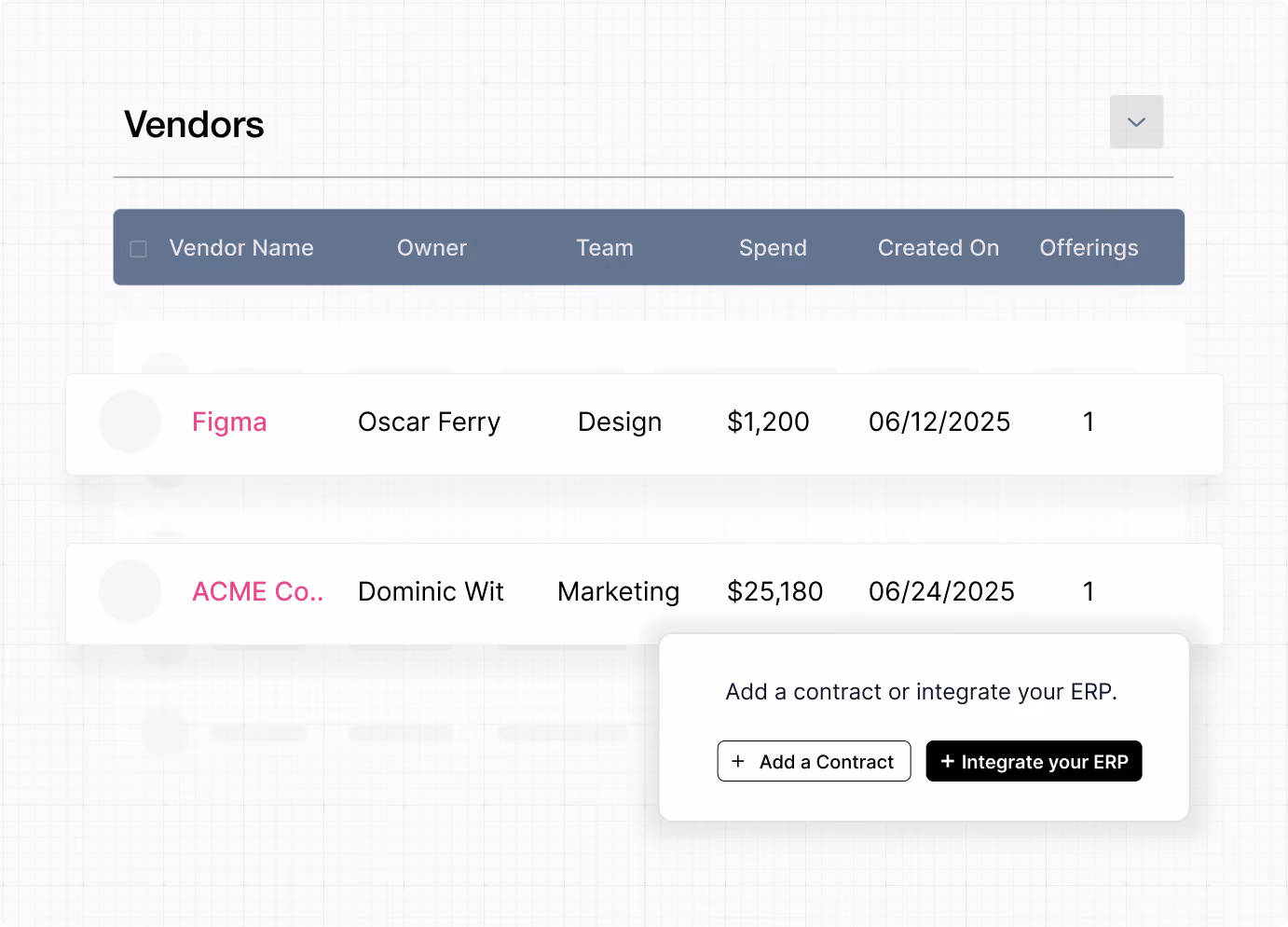 Vendor list with names, owners, teams, spend, created dates, offerings, and buttons to add contracts or integrate ERP.