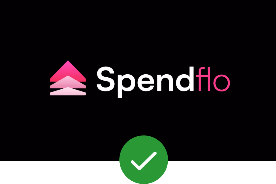 Spendflo logo with a pink triple arrow and the text 'Spendflo' on black background with green checkmark below.