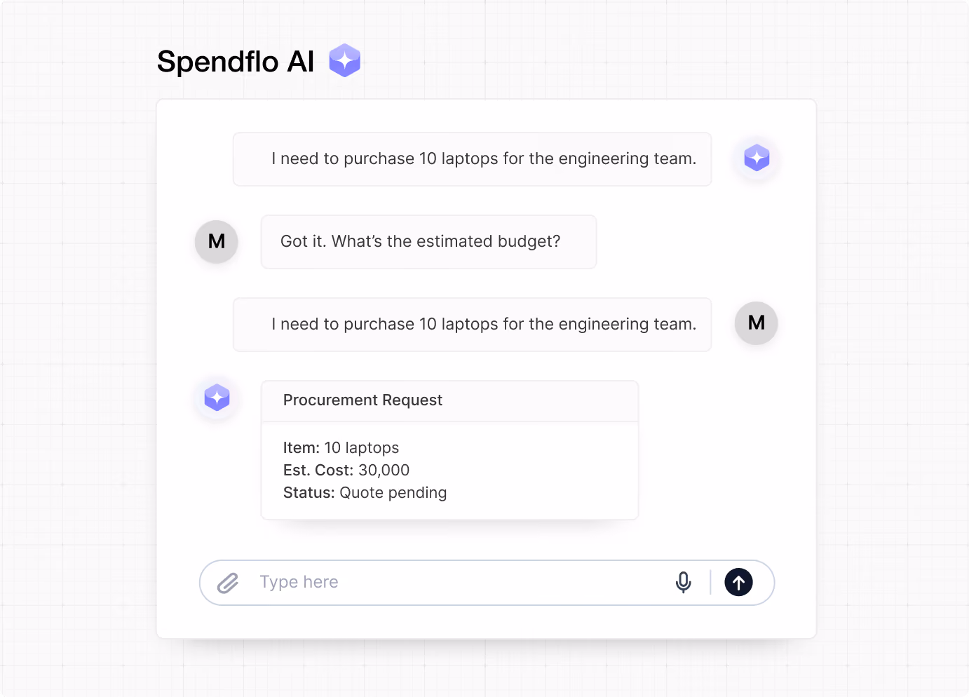 Chat interface showing a purchase request for 10 laptops with estimated cost 30,000 and status quote pending.