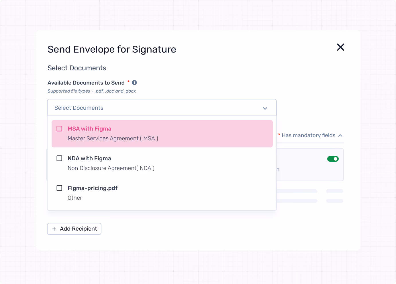 Send Envelope for Signature interface with dropdown to select documents like MSA, NDA, and a PDF file.