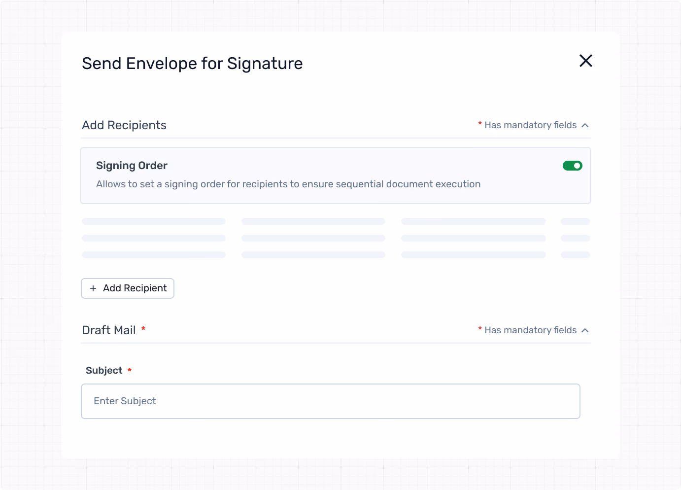 User interface to send an envelope for signature with signing order toggle and subject input for draft mail.