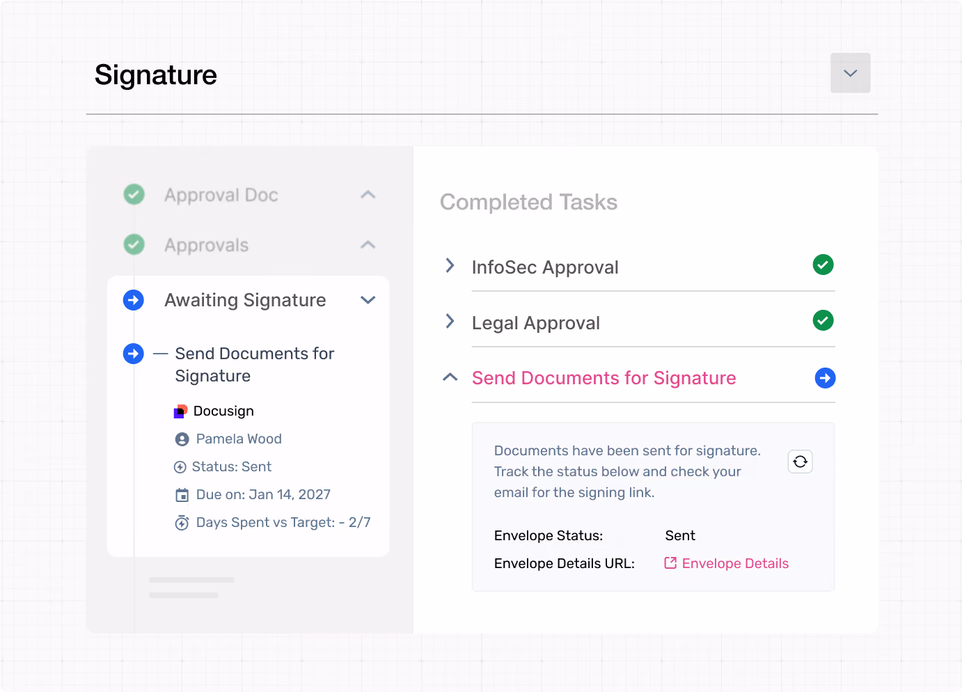 Interface showing document signature status with completed info security and legal approvals and sent signature documents.