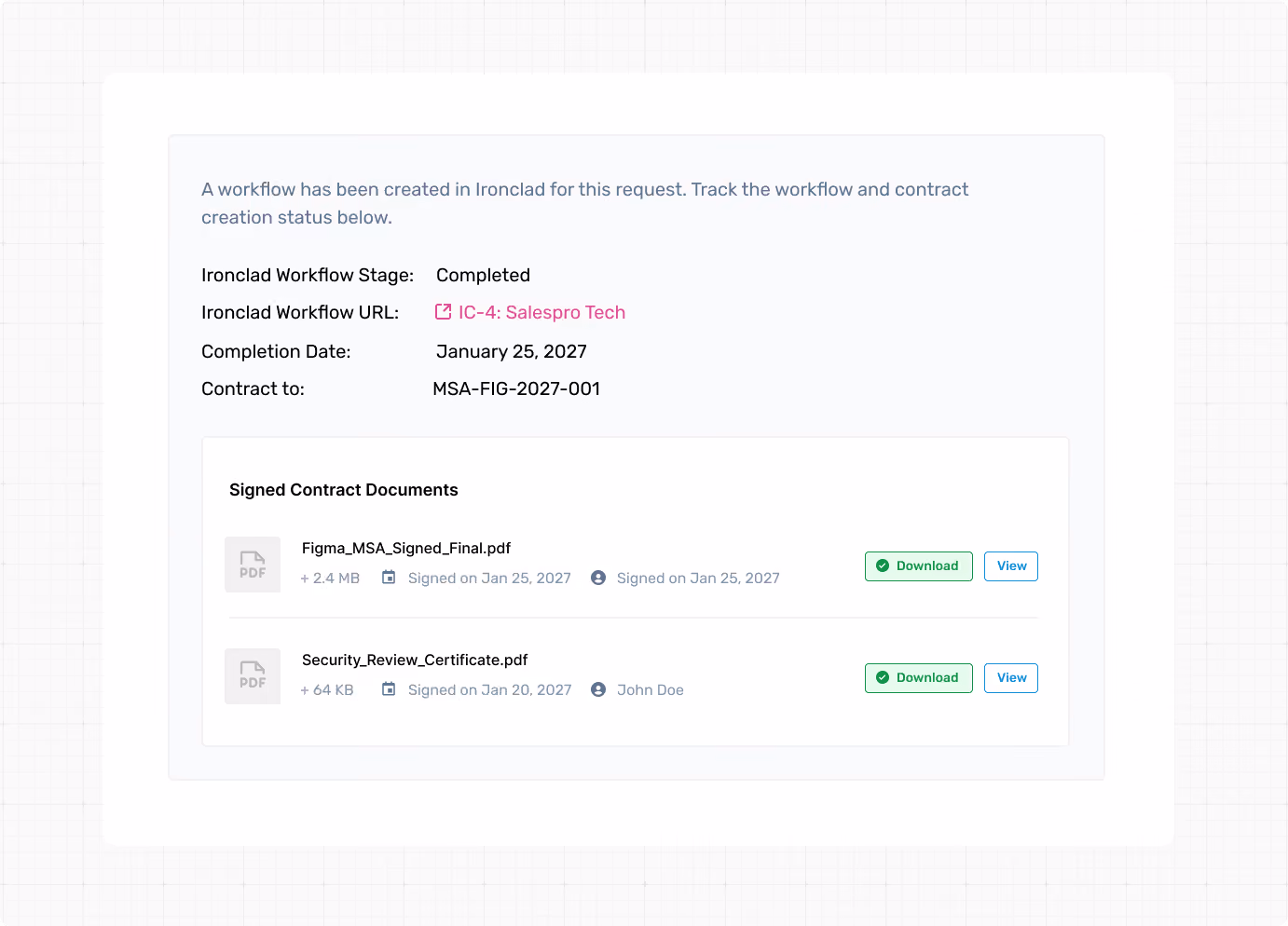 Ironclad workflow completed with contract MSA-FIG-2027-001 and downloadable signed PDF documents.