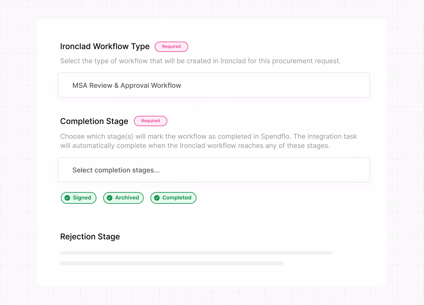 Form to select Ironclad workflow type and completion stages with options signed, archived, and completed.