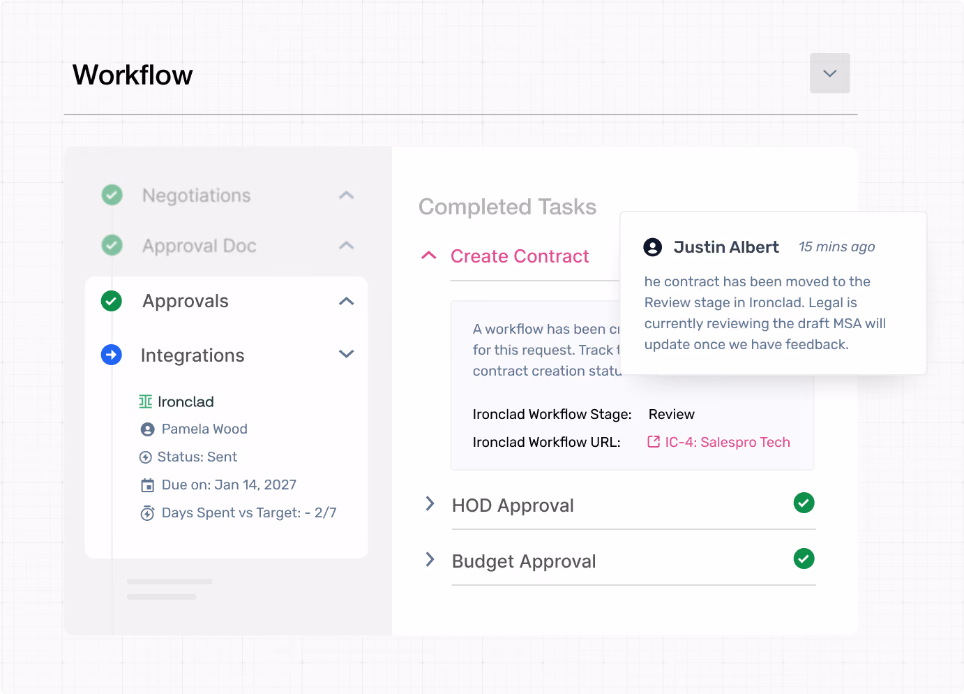 Workflow interface showing approvals, integrations, completed tasks, and status updates including contract review.