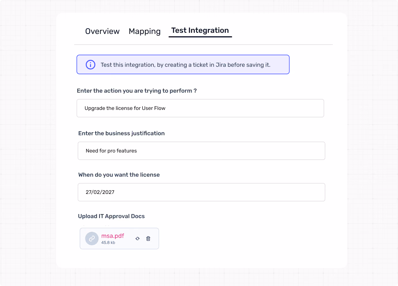 Form page with fields for action, business justification, license date, and an uploaded IT approval PDF document.