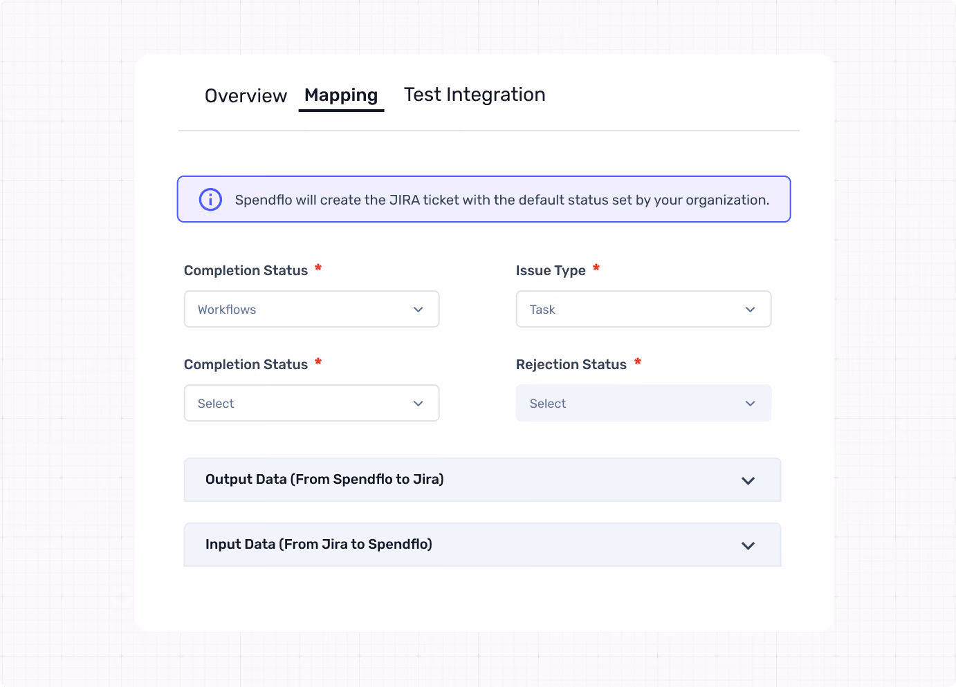 Settings interface for mapping Jira ticket creation with completion, issue, and rejection status selections.