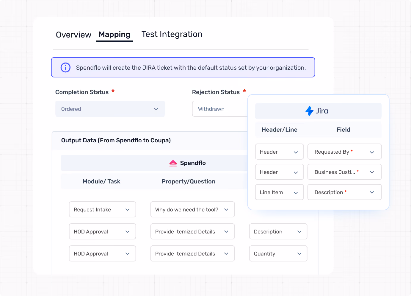 Jira-Spendflo integration screen showing completion/rejection status and data mapping fields for requests and approvals.