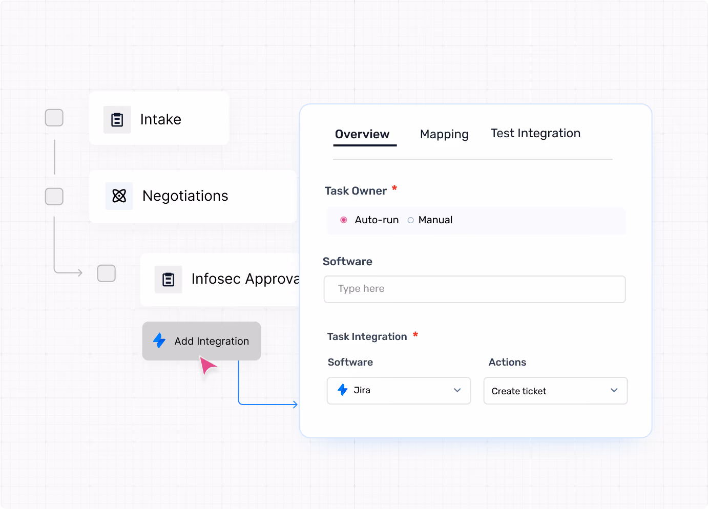 Task management interface showing workflow steps and Jira software integration options for creating tickets.